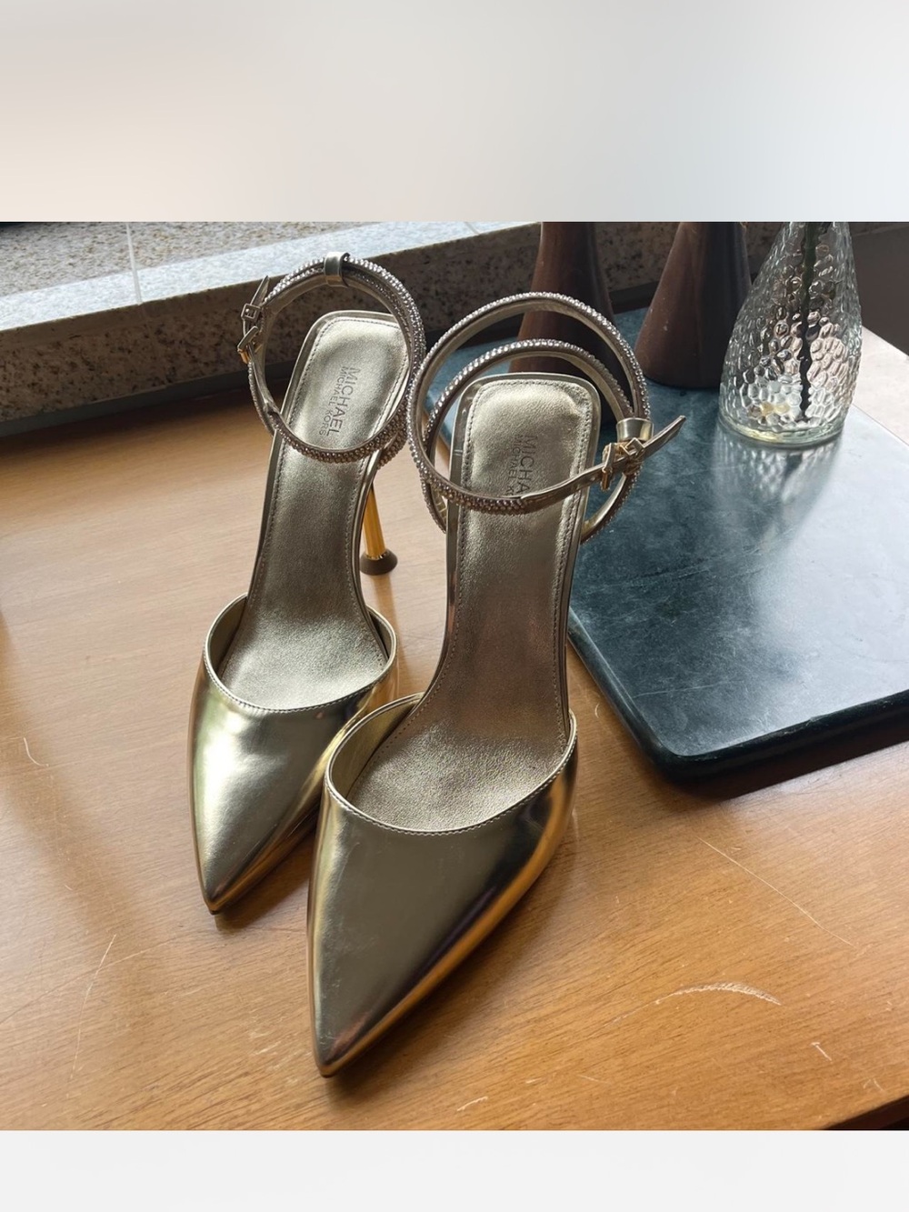 MICHAEL Michael Kors Metallic Gold Pointed-Toe Ankle-Strap Heels 8.5